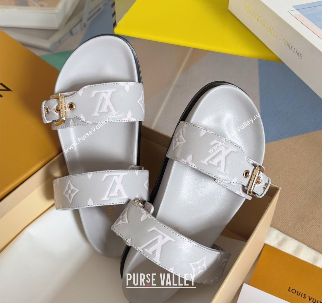Louis Vuitton Bom Dia Flat Comfort Slides Sandal in Leather with Buckle Light Grey 2025 1ABVNC (MD-250422055)