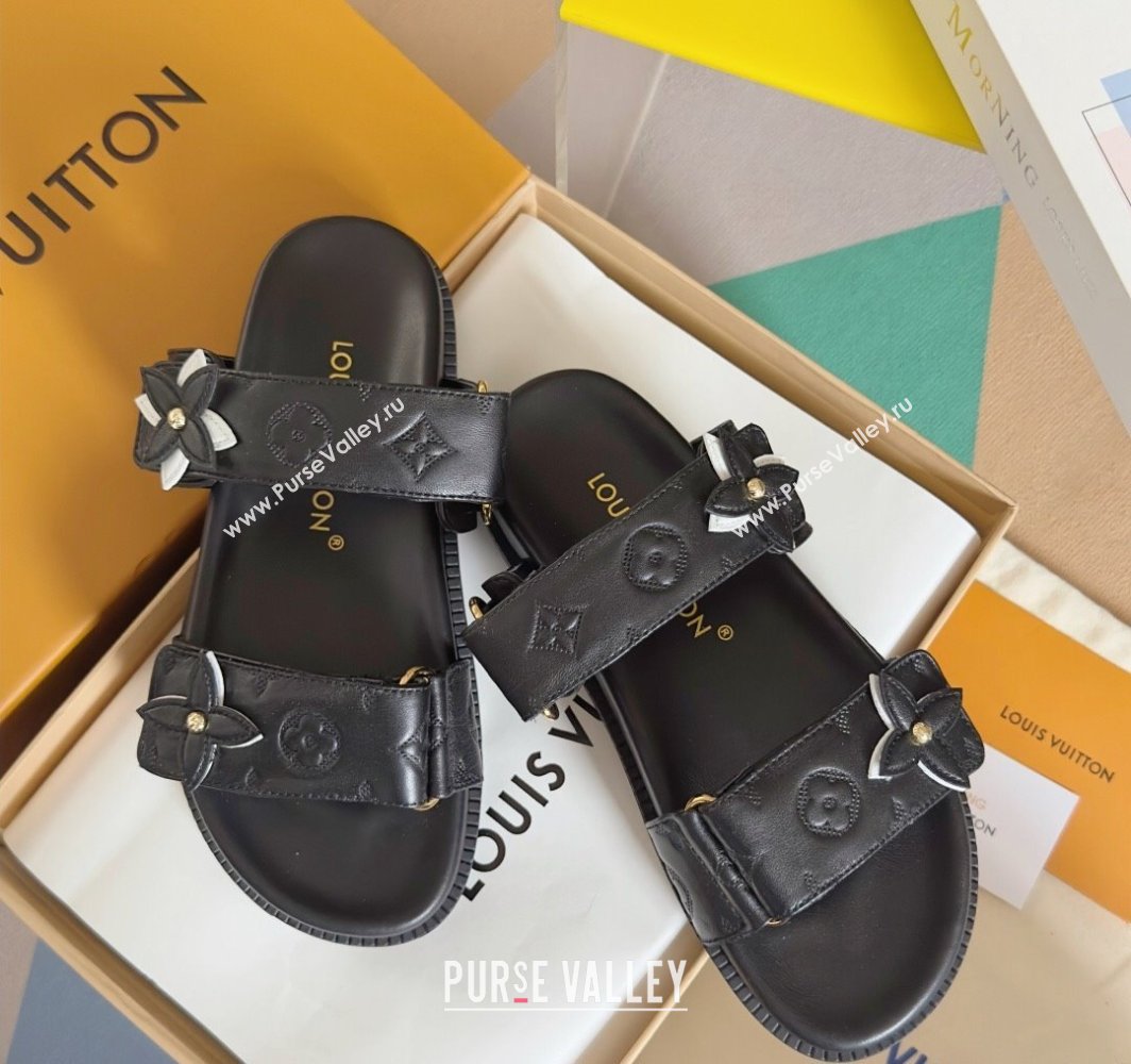 Louis Vuitton LV Sunset Flat Comfort Slides Sandal in Perforated Leather with Monogram Flower Black 2025 1AD818 (MD-250422056)