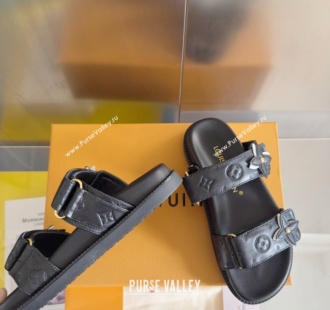 Louis Vuitton LV Sunset Flat Comfort Slides Sandal in Perforated Leather with Monogram Flower Black 2025 1AD818 (MD-250422056)