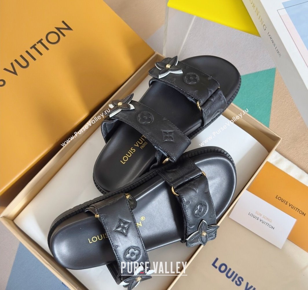 Louis Vuitton LV Sunset Flat Comfort Slides Sandal in Perforated Leather with Monogram Flower Black 2025 1AD818 (MD-250422056)