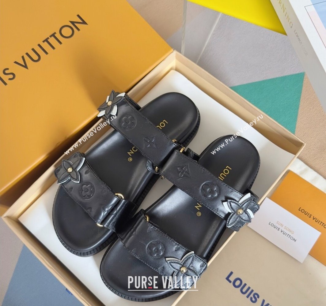 Louis Vuitton LV Sunset Flat Comfort Slides Sandal in Perforated Leather with Monogram Flower Black 2025 1AD818 (MD-250422056)