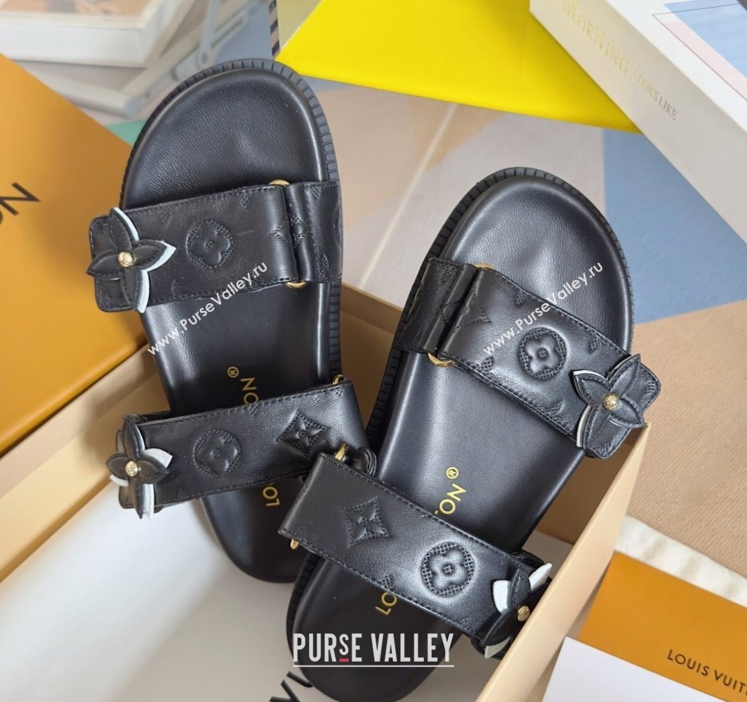 Louis Vuitton LV Sunset Flat Comfort Slides Sandal in Perforated Leather with Monogram Flower Black 2025 1AD818 (MD-250422056)