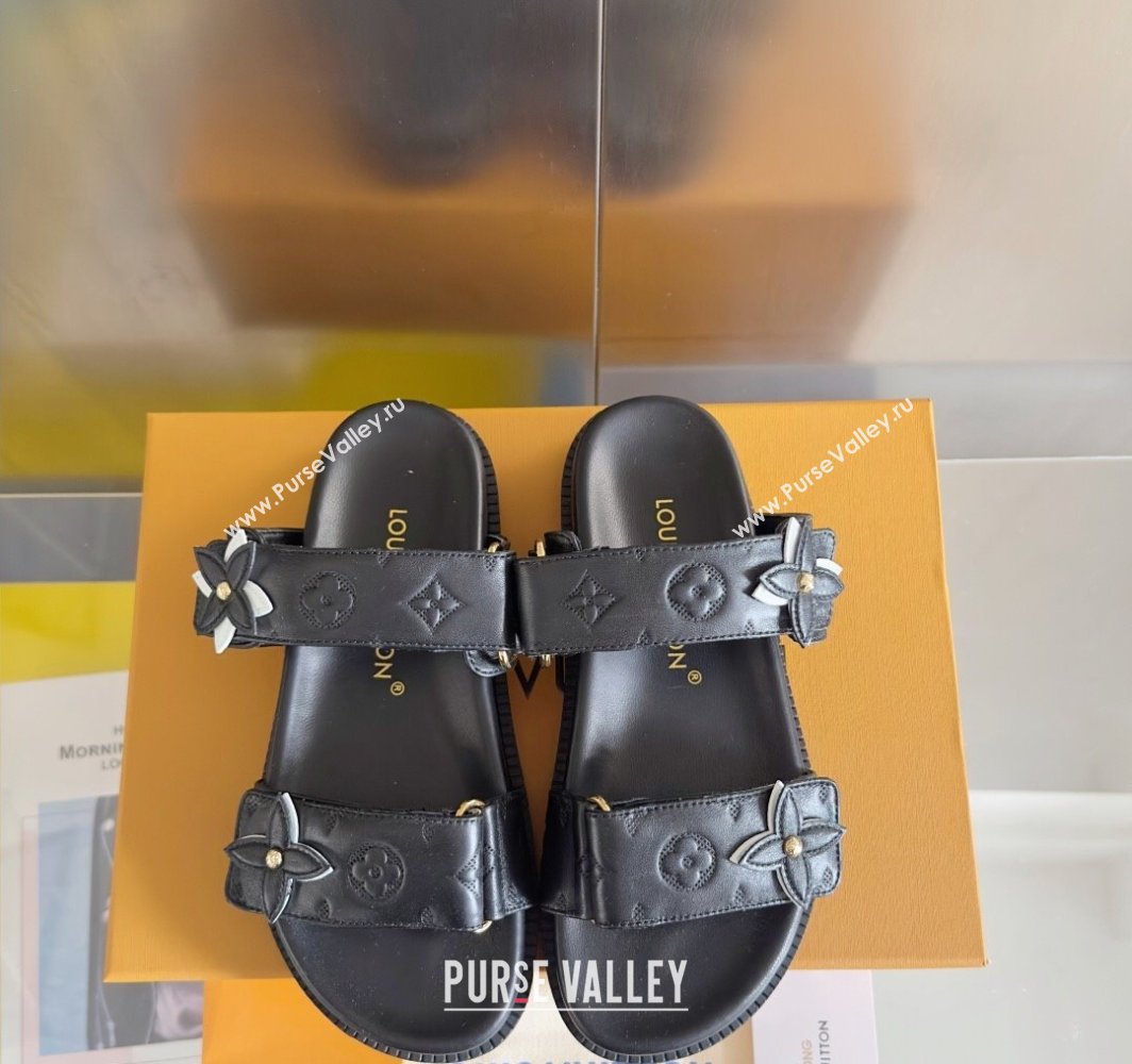 Louis Vuitton LV Sunset Flat Comfort Slides Sandal in Perforated Leather with Monogram Flower Black 2025 1AD818 (MD-250422056)