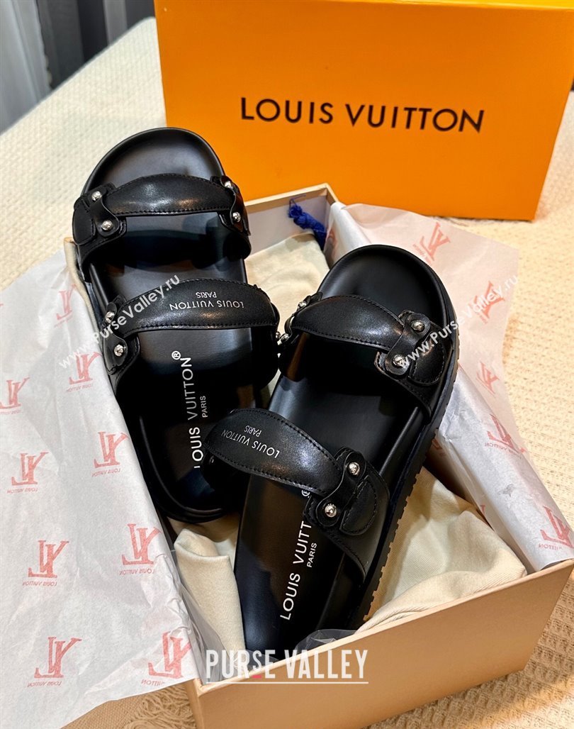 Louis Vuitton Bom Dia Comfort Slides Sandal in Leather with Studs Black 2025 1AHLOQ (MD-250422059)