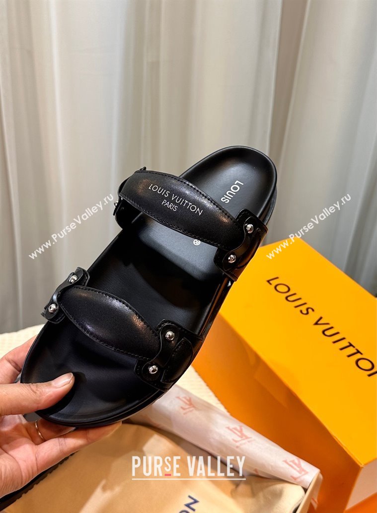 Louis Vuitton Bom Dia Comfort Slides Sandal in Leather with Studs Black 2025 1AHLOQ (MD-250422059)