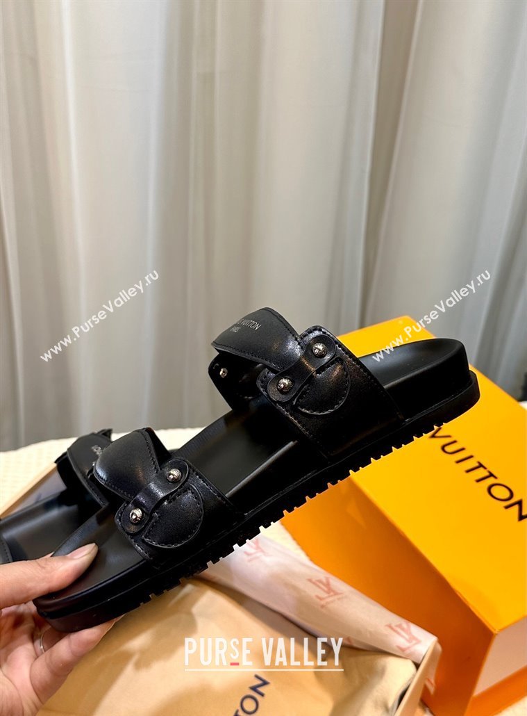 Louis Vuitton Bom Dia Comfort Slides Sandal in Leather with Studs Black 2025 1AHLOQ (MD-250422059)