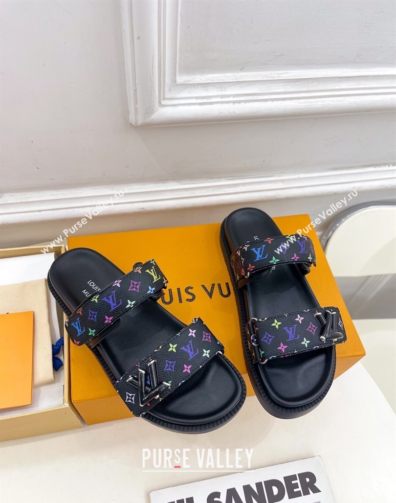 Louis Vuitton LV x TM Flat Comfort Slides Sandal in Multicolored Monogram Canvas Black 2025 LV042101 (MD-250421088)