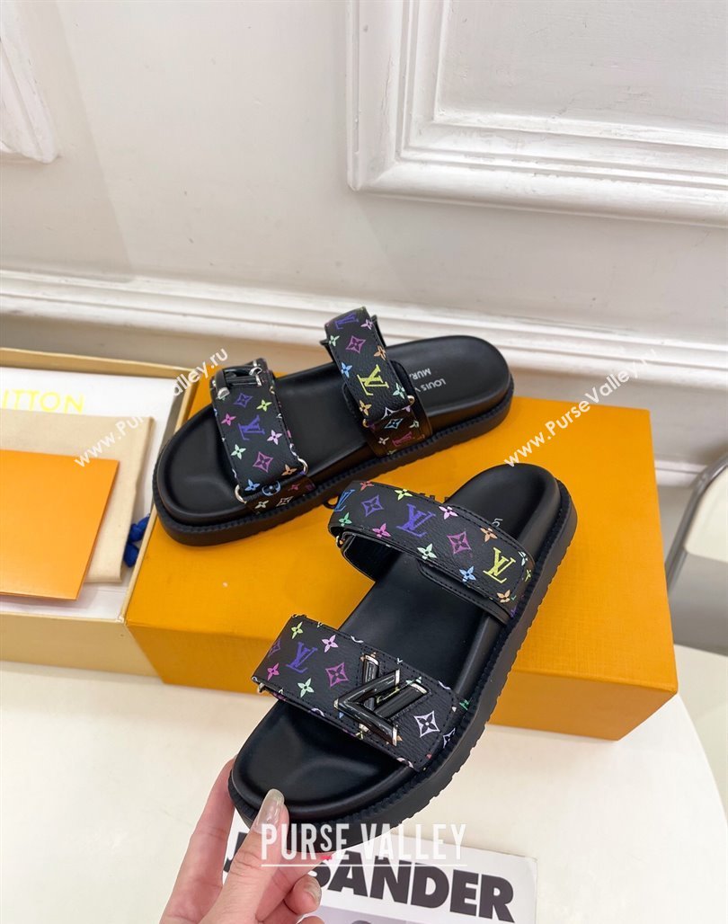 Louis Vuitton LV x TM Flat Comfort Slides Sandal in Multicolored Monogram Canvas Black 2025 LV042101 (MD-250421088)