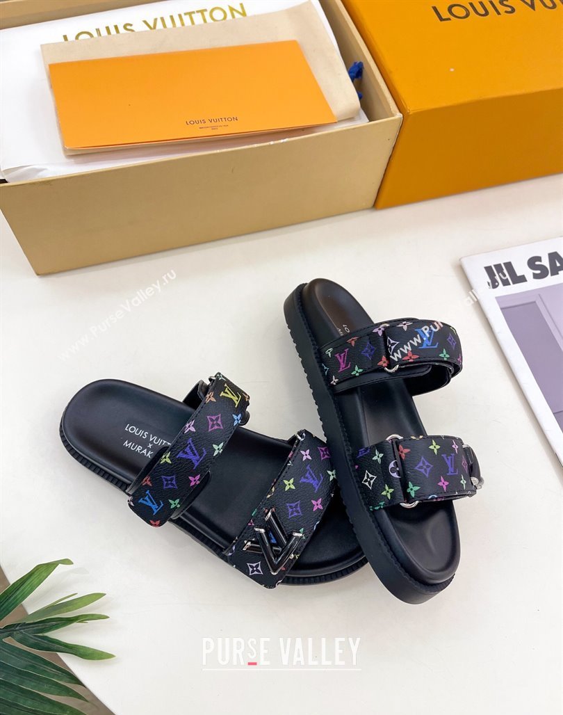 Louis Vuitton LV x TM Flat Comfort Slides Sandal in Multicolored Monogram Canvas Black 2025 LV042101 (MD-250421088)