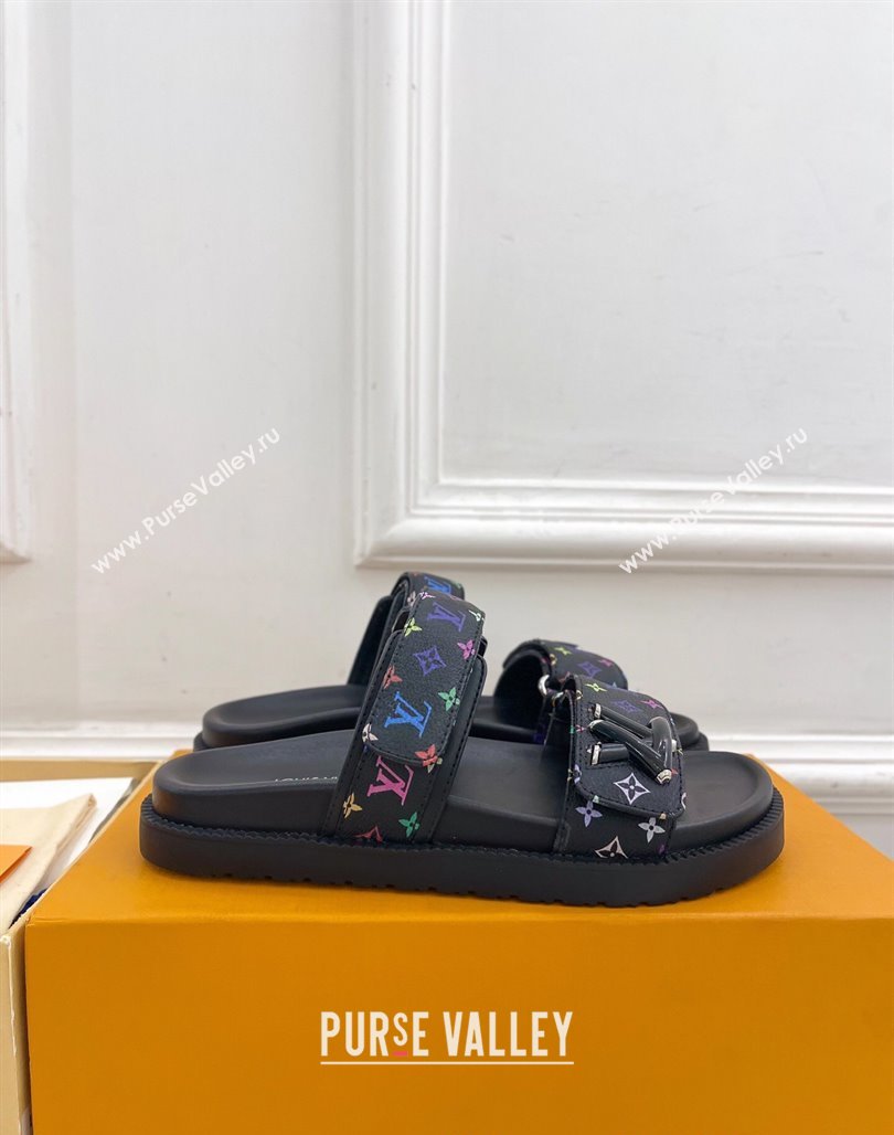 Louis Vuitton LV x TM Flat Comfort Slides Sandal in Multicolored Monogram Canvas Black 2025 LV042101 (MD-250421088)