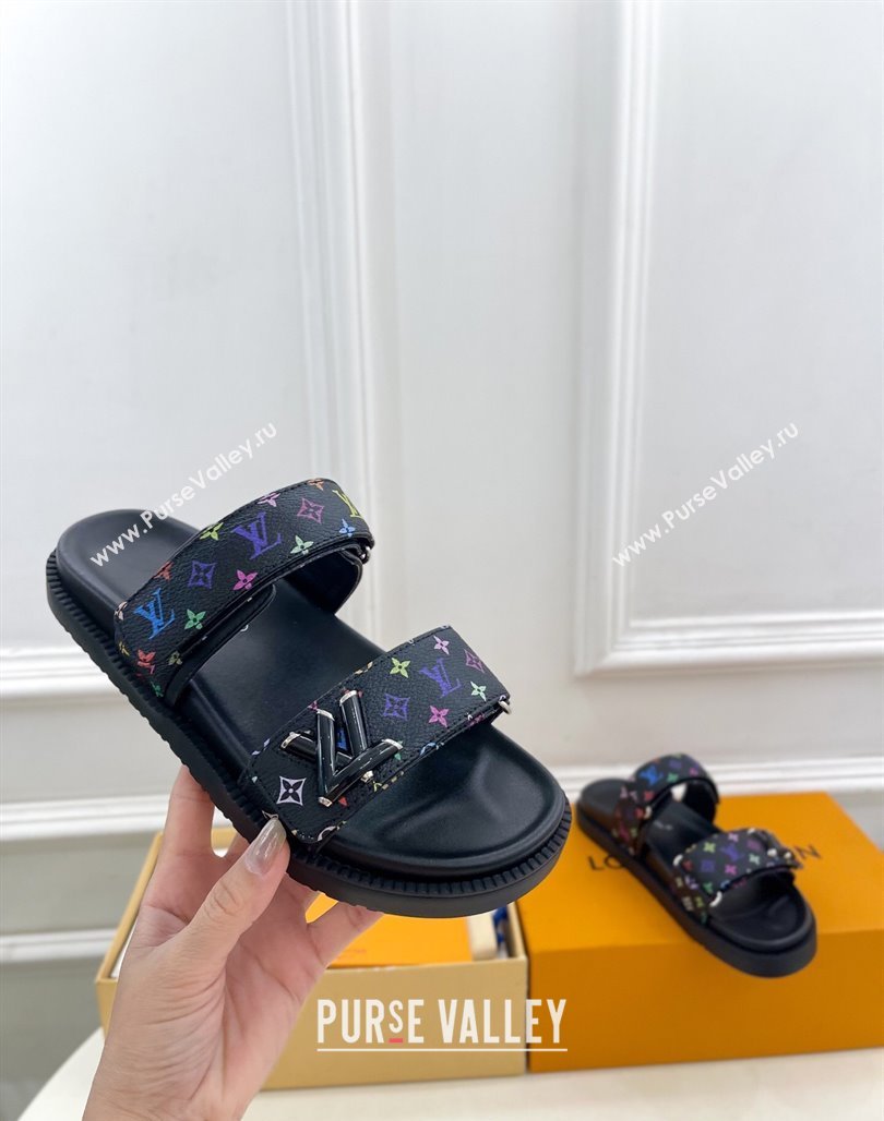 Louis Vuitton LV x TM Flat Comfort Slides Sandal in Multicolored Monogram Canvas Black 2025 LV042101 (MD-250421088)