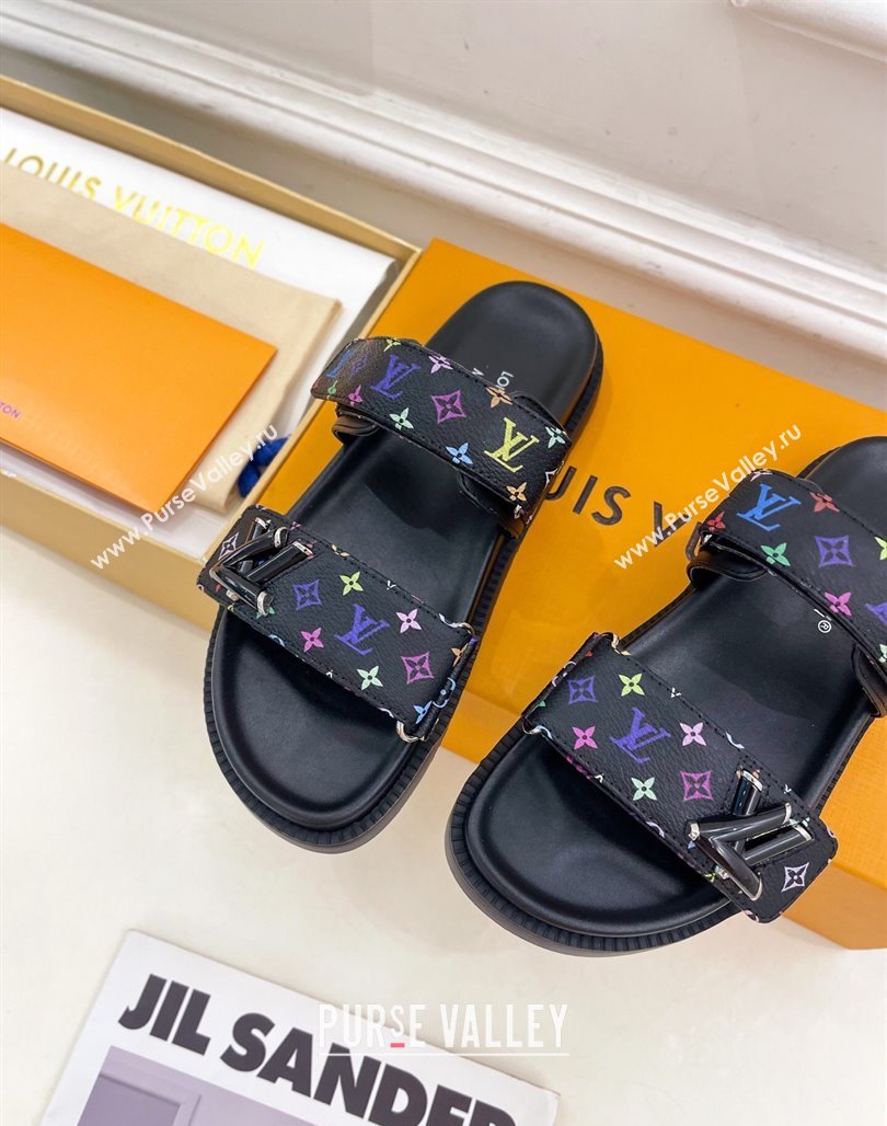 Louis Vuitton LV x TM Flat Comfort Slides Sandal in Multicolored Monogram Canvas Black 2025 LV042101 (MD-250421088)