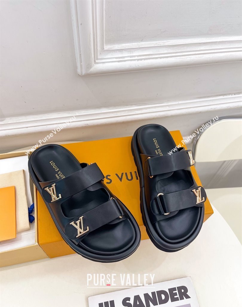 Louis Vuitton Comfort Slides Sandal in Leather with LV Strap Black 2025 LV042202 (MD-250422064)