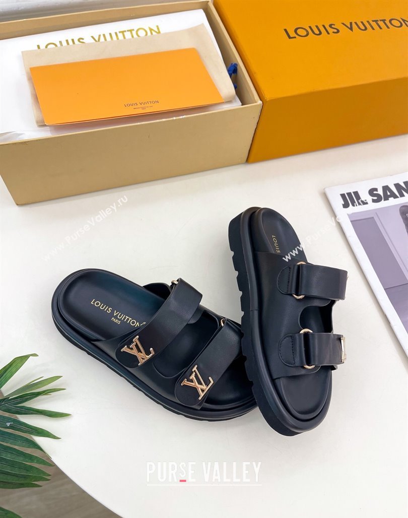 Louis Vuitton Comfort Slides Sandal in Leather with LV Strap Black 2025 LV042202 (MD-250422064)