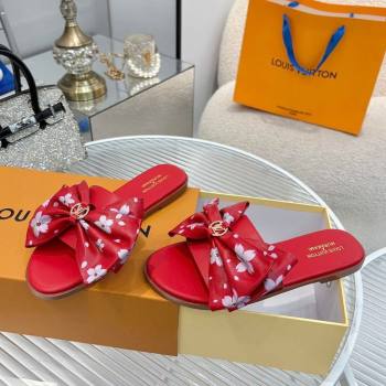 Louis Vuitton LV x TM Lily Flat Slides Sandal with Bow in Cherry Bloom Print Leather Red 2025 1AGVYB (MD-250422045)