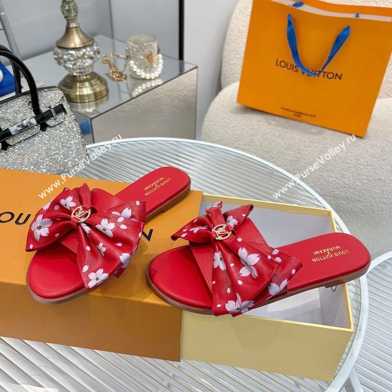 Louis Vuitton LV x TM Lily Flat Slides Sandal with Bow in Cherry Bloom Print Leather Red 2025 1AGVYB (MD-250422045)