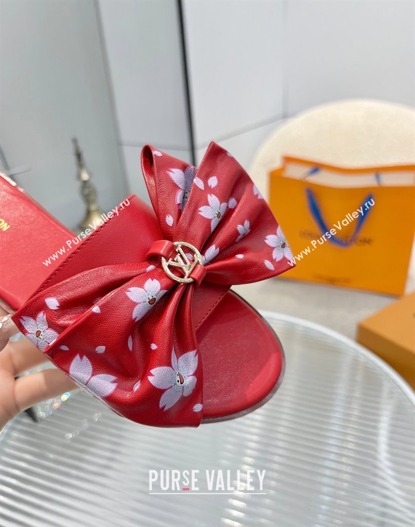 Louis Vuitton LV x TM Lily Flat Slides Sandal with Bow in Cherry Bloom Print Leather Red 2025 1AGVYB (MD-250422045)