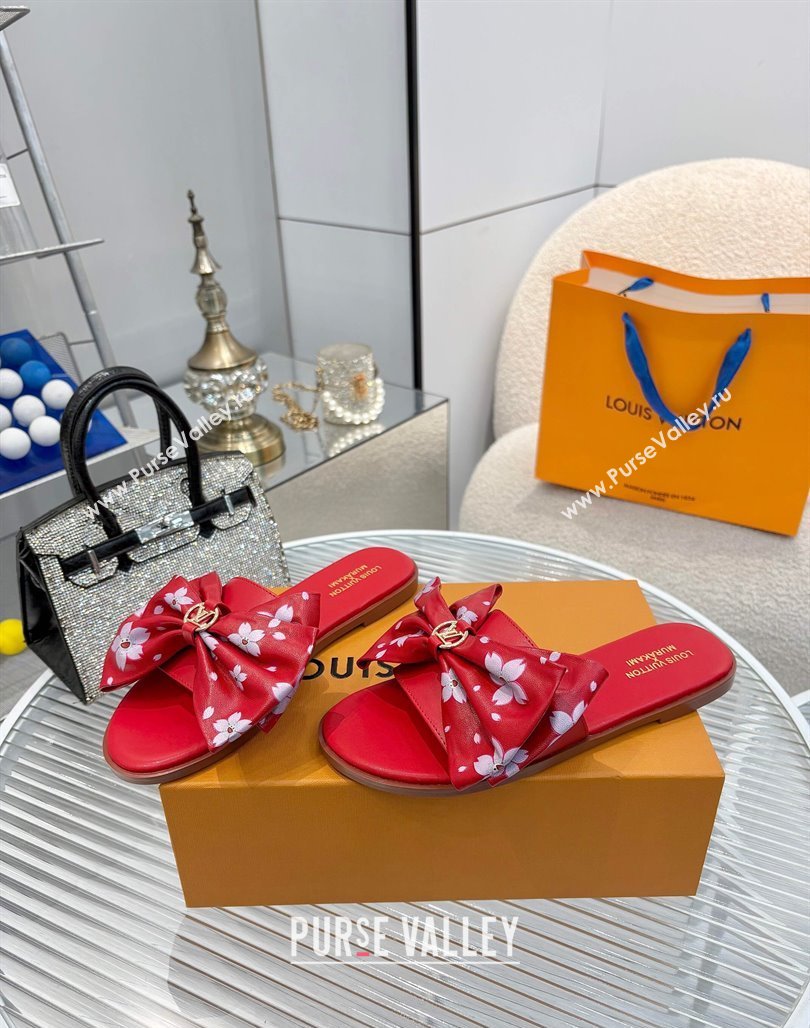 Louis Vuitton LV x TM Lily Flat Slides Sandal with Bow in Cherry Bloom Print Leather Red 2025 1AGVYB (MD-250422045)