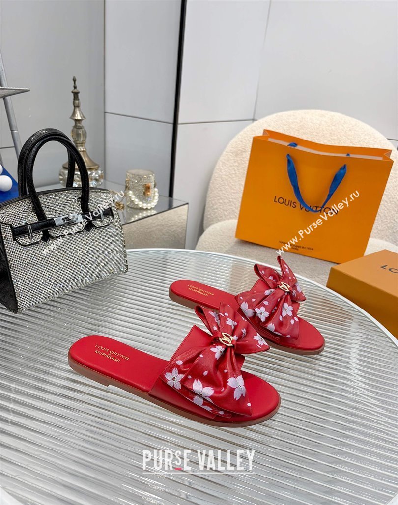 Louis Vuitton LV x TM Lily Flat Slides Sandal with Bow in Cherry Bloom Print Leather Red 2025 1AGVYB (MD-250422045)