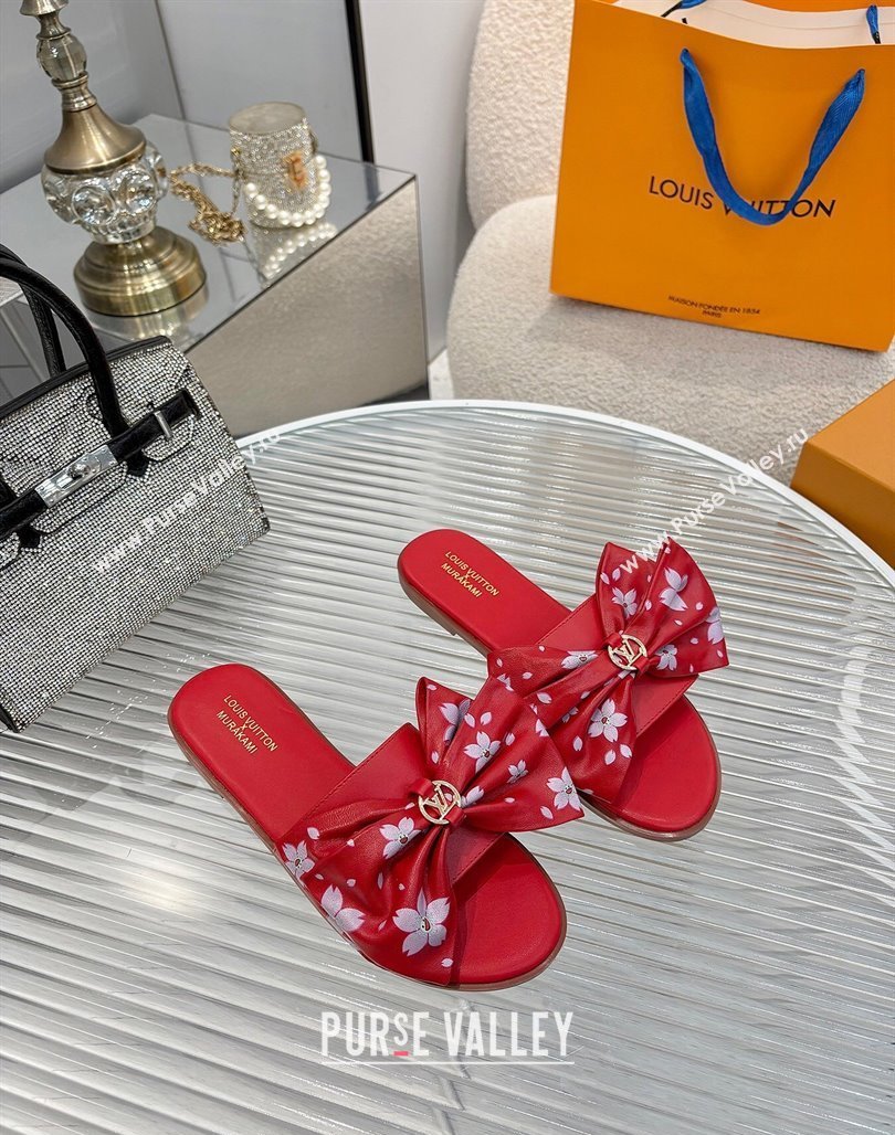 Louis Vuitton LV x TM Lily Flat Slides Sandal with Bow in Cherry Bloom Print Leather Red 2025 1AGVYB (MD-250422045)