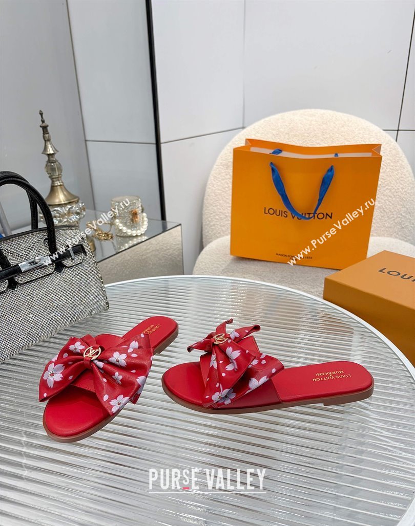 Louis Vuitton LV x TM Lily Flat Slides Sandal with Bow in Cherry Bloom Print Leather Red 2025 1AGVYB (MD-250422045)