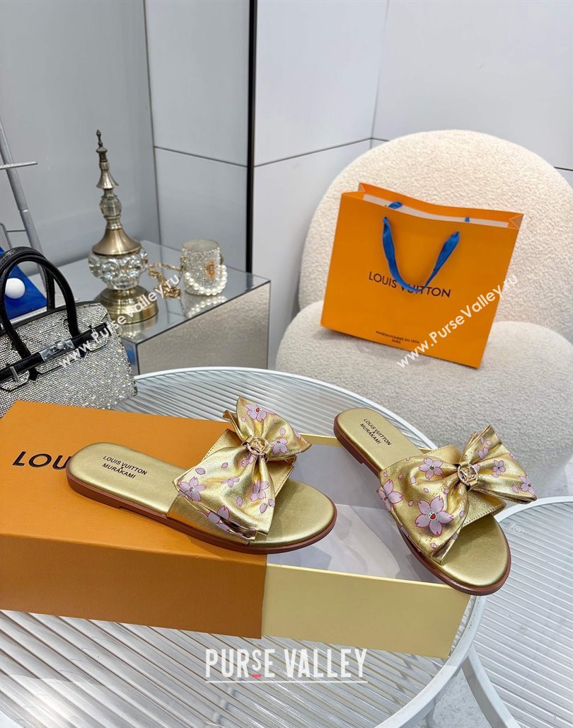 Louis Vuitton LV x TM Lily Flat Slides Sandal with Bow in Cherry Bloom Print Leather Gold 2025 1AGVYB (MD-250422046)
