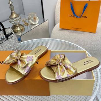Louis Vuitton LV x TM Lily Flat Slides Sandal with Bow in Cherry Bloom Print Leather Gold 2025 1AGVYB (MD-250422046)