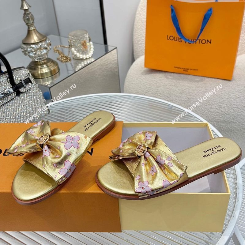 Louis Vuitton LV x TM Lily Flat Slides Sandal with Bow in Cherry Bloom Print Leather Gold 2025 1AGVYB (MD-250422046)