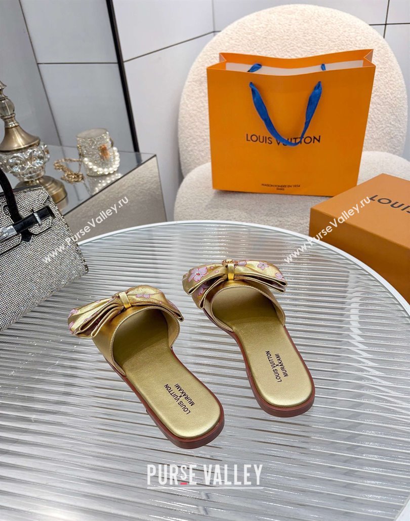 Louis Vuitton LV x TM Lily Flat Slides Sandal with Bow in Cherry Bloom Print Leather Gold 2025 1AGVYB (MD-250422046)