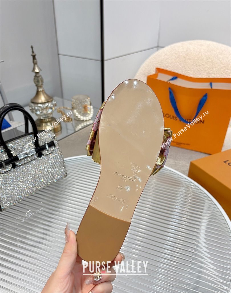 Louis Vuitton LV x TM Lily Flat Slides Sandal with Bow in Cherry Bloom Print Leather Gold 2025 1AGVYB (MD-250422046)