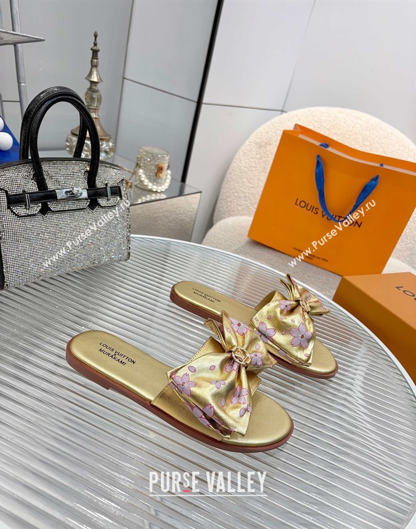 Louis Vuitton LV x TM Lily Flat Slides Sandal with Bow in Cherry Bloom Print Leather Gold 2025 1AGVYB (MD-250422046)