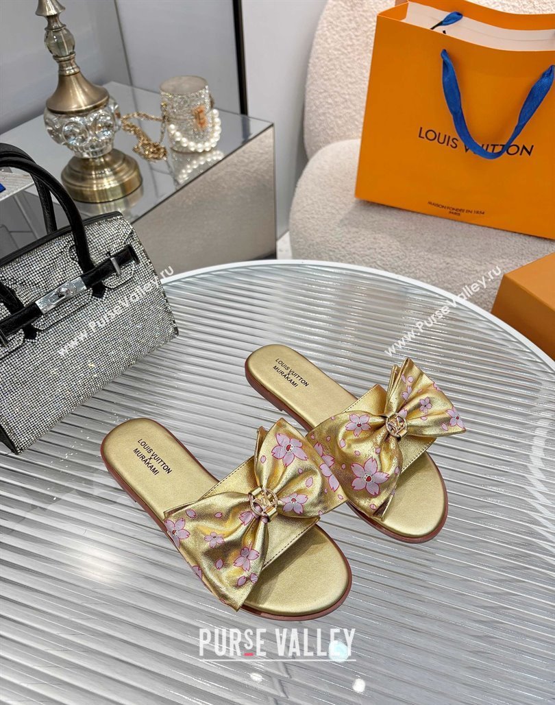 Louis Vuitton LV x TM Lily Flat Slides Sandal with Bow in Cherry Bloom Print Leather Gold 2025 1AGVYB (MD-250422046)