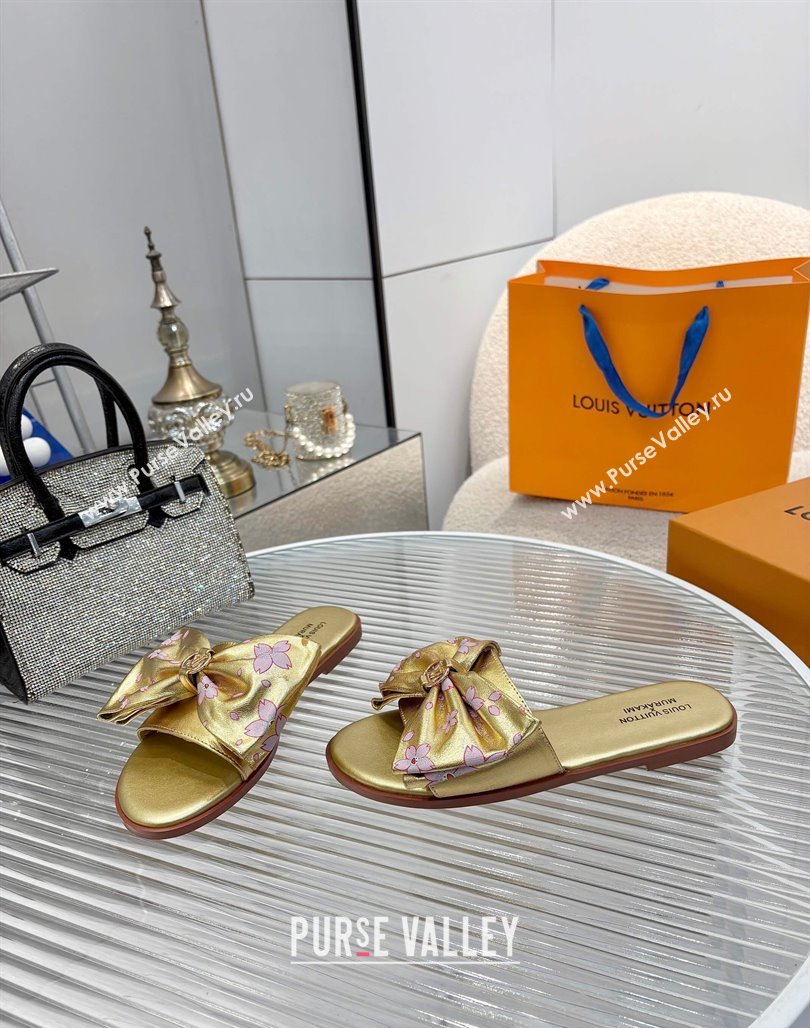 Louis Vuitton LV x TM Lily Flat Slides Sandal with Bow in Cherry Bloom Print Leather Gold 2025 1AGVYB (MD-250422046)