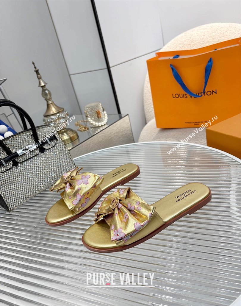 Louis Vuitton LV x TM Lily Flat Slides Sandal with Bow in Cherry Bloom Print Leather Gold 2025 1AGVYB (MD-250422046)
