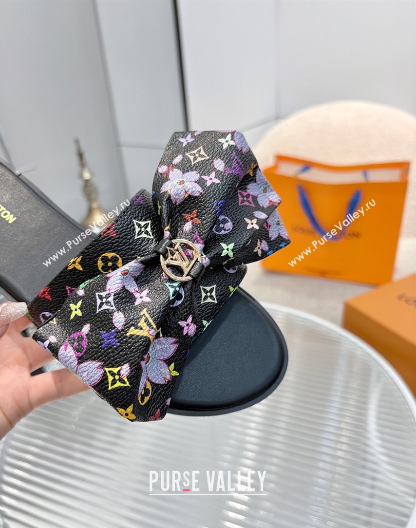 Louis Vuitton LV x TM Lily Flat Slides Sandal with Bow in Cherry Bloom Print Monogram Canvas Black 2025 1AGVYB (MD-250422047)