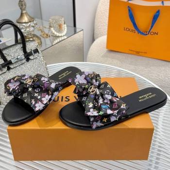 Louis Vuitton LV x TM Lily Flat Slides Sandal with Bow in Cherry Bloom Print Monogram Canvas Black 2025 1AGVYB (MD-250422047)