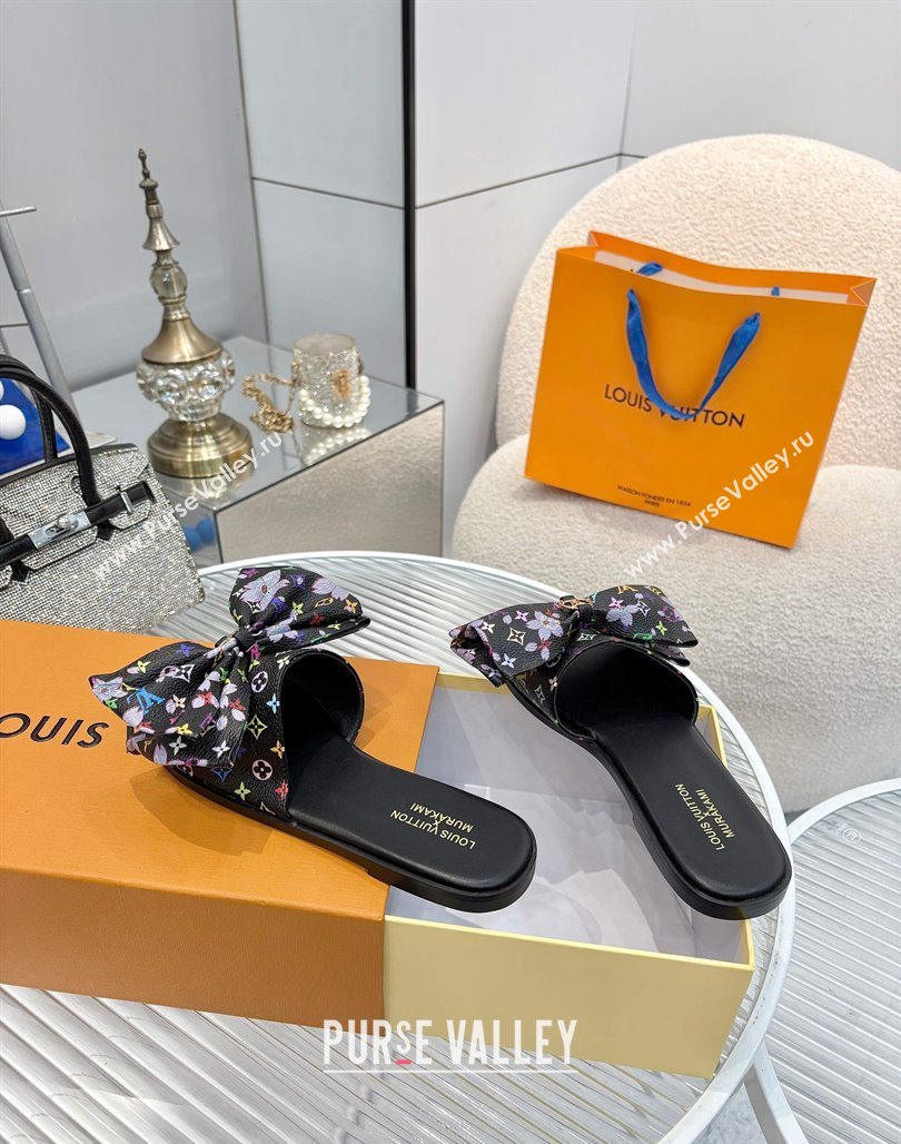Louis Vuitton LV x TM Lily Flat Slides Sandal with Bow in Cherry Bloom Print Monogram Canvas Black 2025 1AGVYB (MD-250422047)