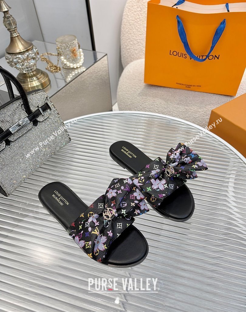 Louis Vuitton LV x TM Lily Flat Slides Sandal with Bow in Cherry Bloom Print Monogram Canvas Black 2025 1AGVYB (MD-250422047)