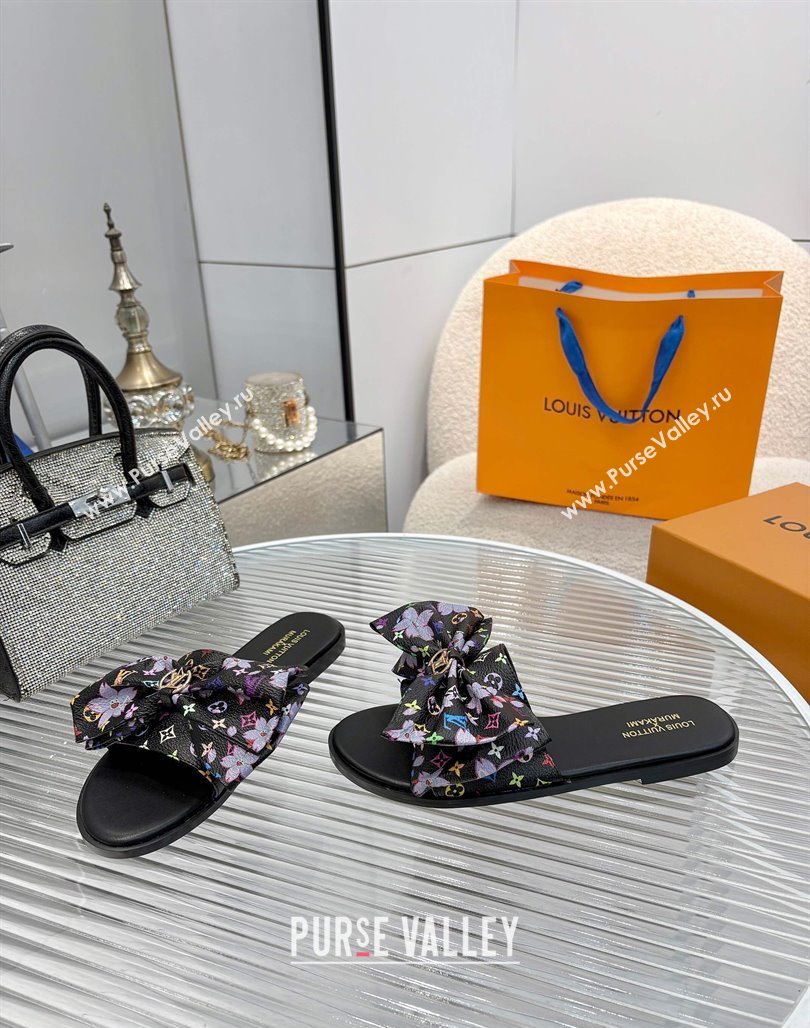 Louis Vuitton LV x TM Lily Flat Slides Sandal with Bow in Cherry Bloom Print Monogram Canvas Black 2025 1AGVYB (MD-250422047)