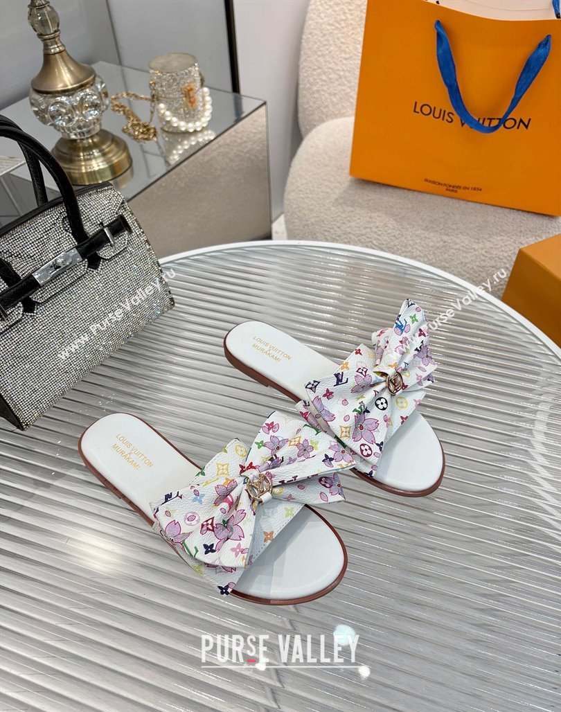 Louis Vuitton LV x TM Lily Flat Slides Sandal with Bow in Cherry Bloom Print Monogram Canvas White 2025 1AGVYB (MD-250422048)