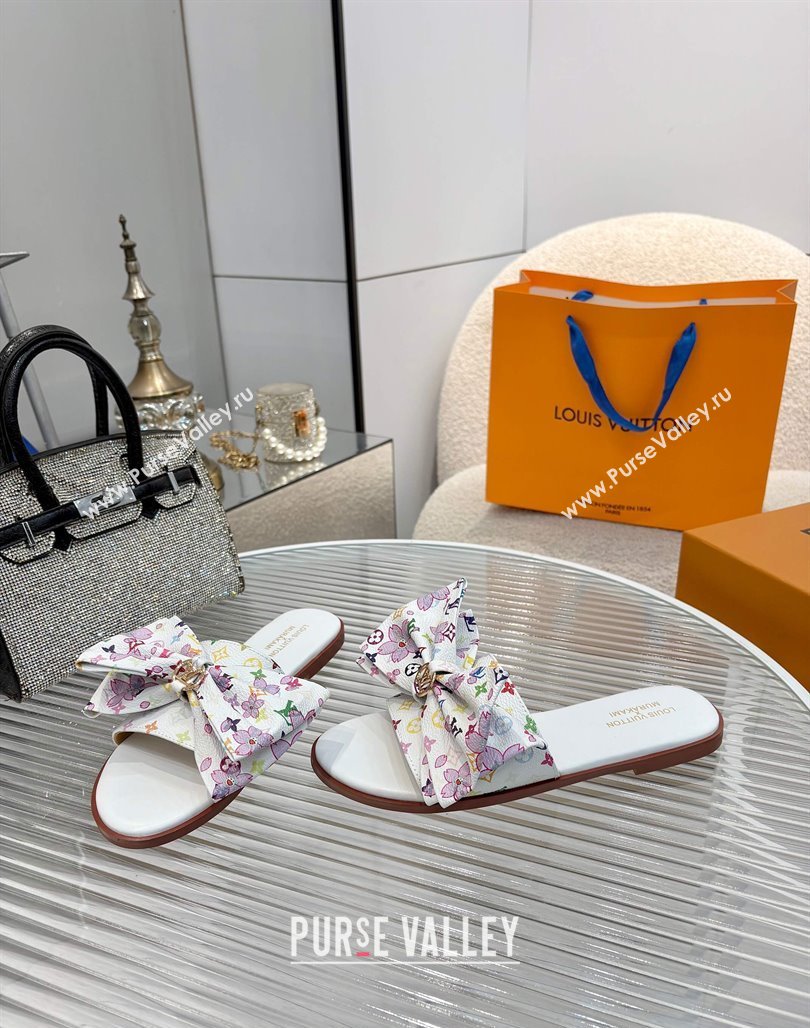 Louis Vuitton LV x TM Lily Flat Slides Sandal with Bow in Cherry Bloom Print Monogram Canvas White 2025 1AGVYB (MD-250422048)