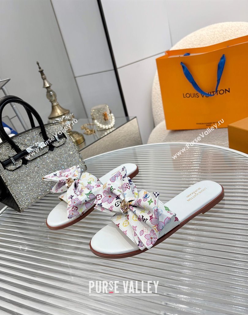 Louis Vuitton LV x TM Lily Flat Slides Sandal with Bow in Cherry Bloom Print Monogram Canvas White 2025 1AGVYB (MD-250422048)
