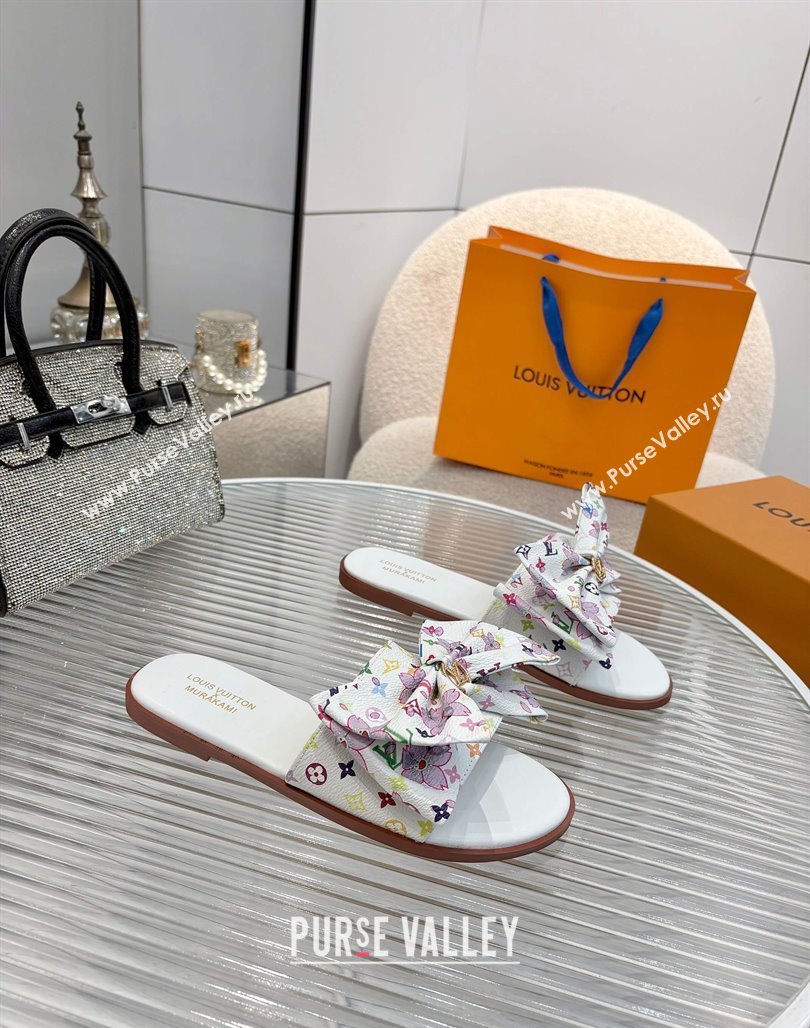 Louis Vuitton LV x TM Lily Flat Slides Sandal with Bow in Cherry Bloom Print Monogram Canvas White 2025 1AGVYB (MD-250422048)