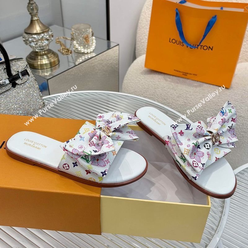 Louis Vuitton LV x TM Lily Flat Slides Sandal with Bow in Cherry Bloom Print Monogram Canvas White 2025 1AGVYB (MD-250422048)