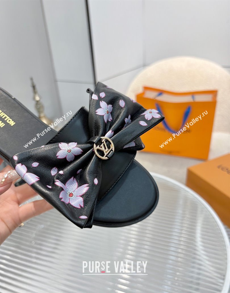 Louis Vuitton LV x TM Lily Flat Slides Sandal with Bow in Cherry Bloom Print Leather Black 2025 1AGVYB (MD-250422049)