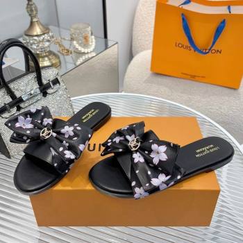 Louis Vuitton LV x TM Lily Flat Slides Sandal with Bow in Cherry Bloom Print Leather Black 2025 1AGVYB (MD-250422049)