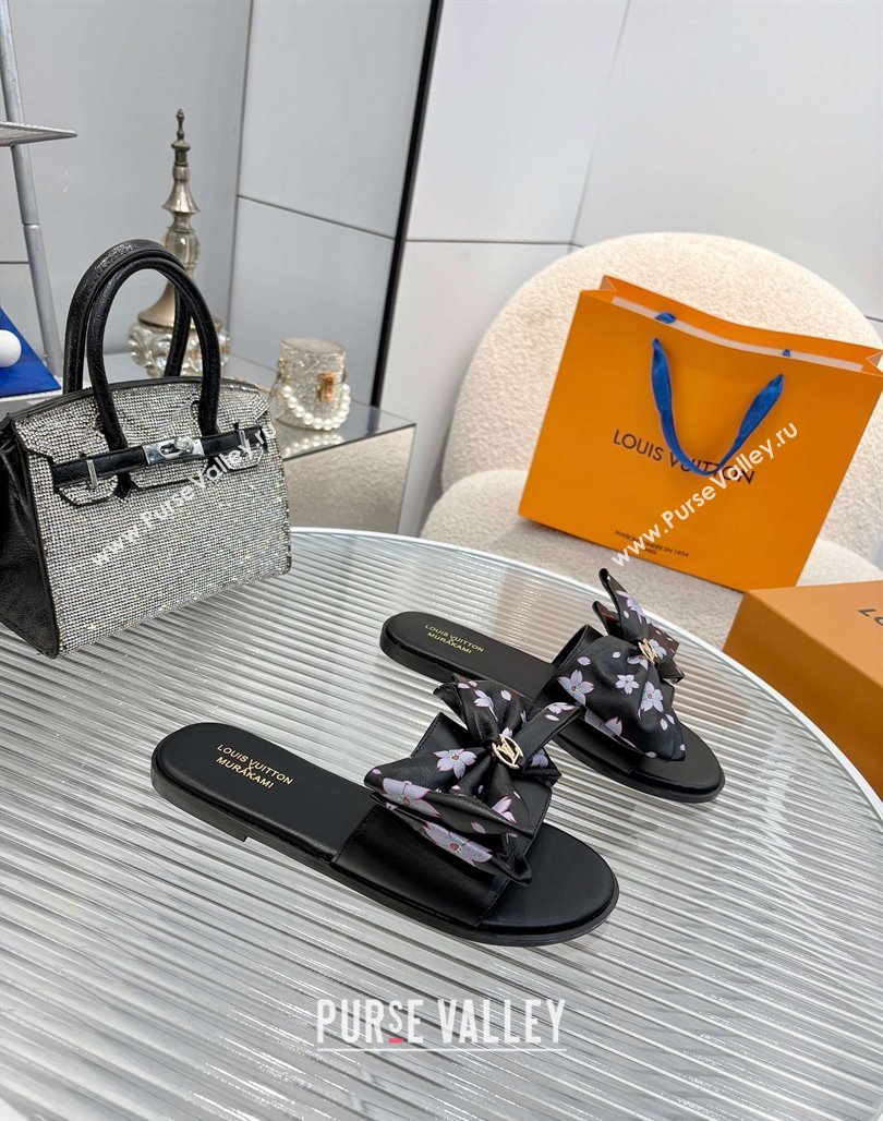 Louis Vuitton LV x TM Lily Flat Slides Sandal with Bow in Cherry Bloom Print Leather Black 2025 1AGVYB (MD-250422049)