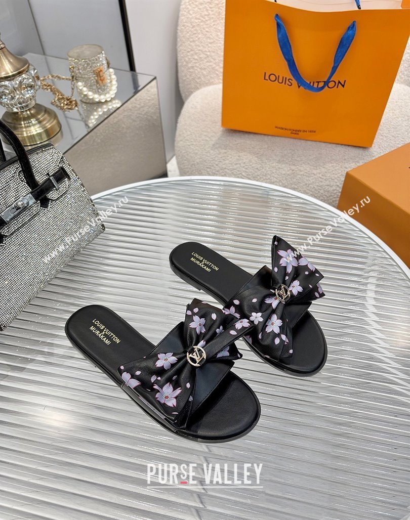 Louis Vuitton LV x TM Lily Flat Slides Sandal with Bow in Cherry Bloom Print Leather Black 2025 1AGVYB (MD-250422049)