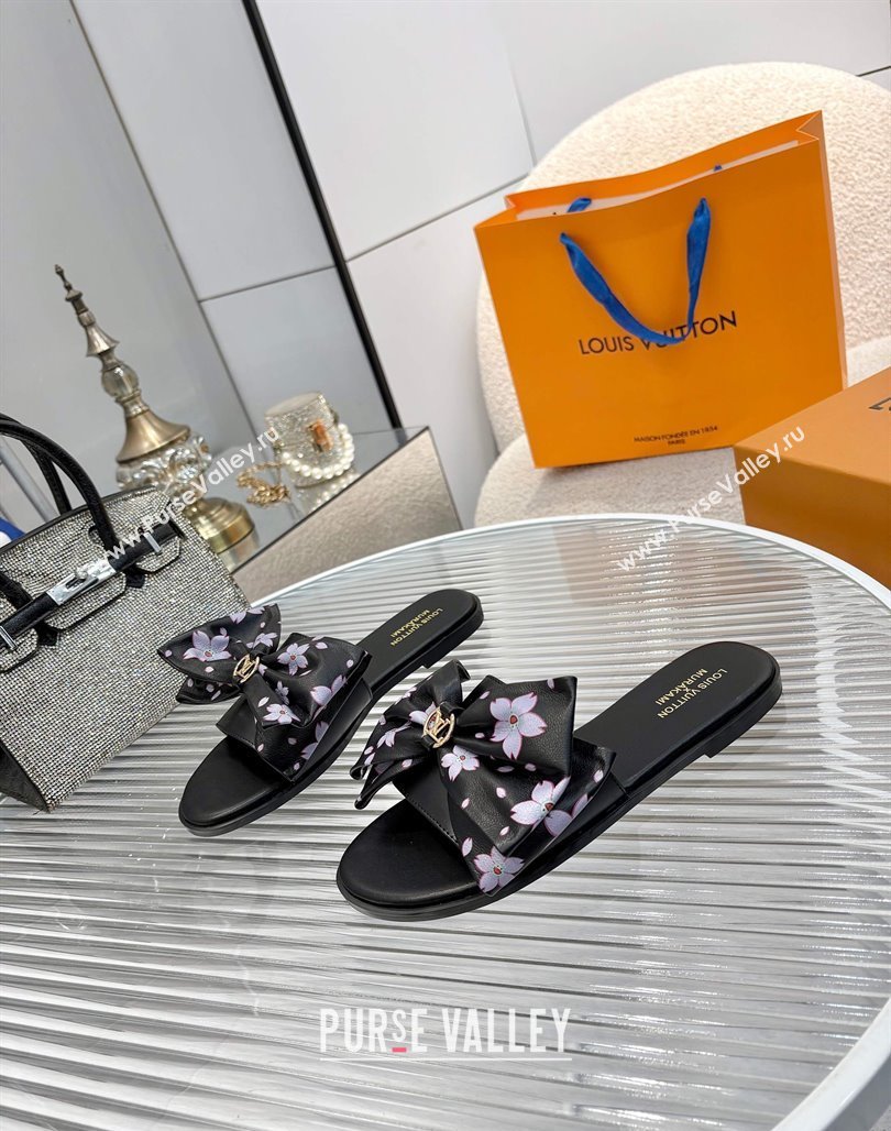 Louis Vuitton LV x TM Lily Flat Slides Sandal with Bow in Cherry Bloom Print Leather Black 2025 1AGVYB (MD-250422049)