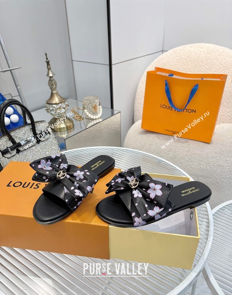 Louis Vuitton LV x TM Lily Flat Slides Sandal with Bow in Cherry Bloom Print Leather Black 2025 1AGVYB (MD-250422049)